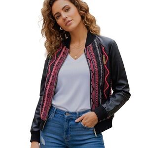 Vintage Coogi bomber jacket hot pink & black knit faux leather sleeves small